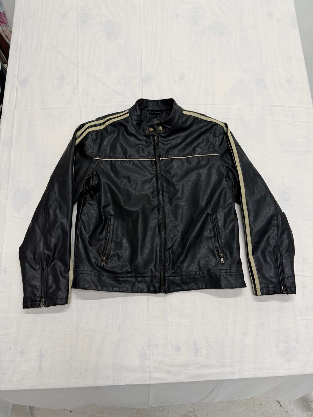 Arizona Jean Co. Faux Leather Racing Moto Jacket with Tan Stripe Detail